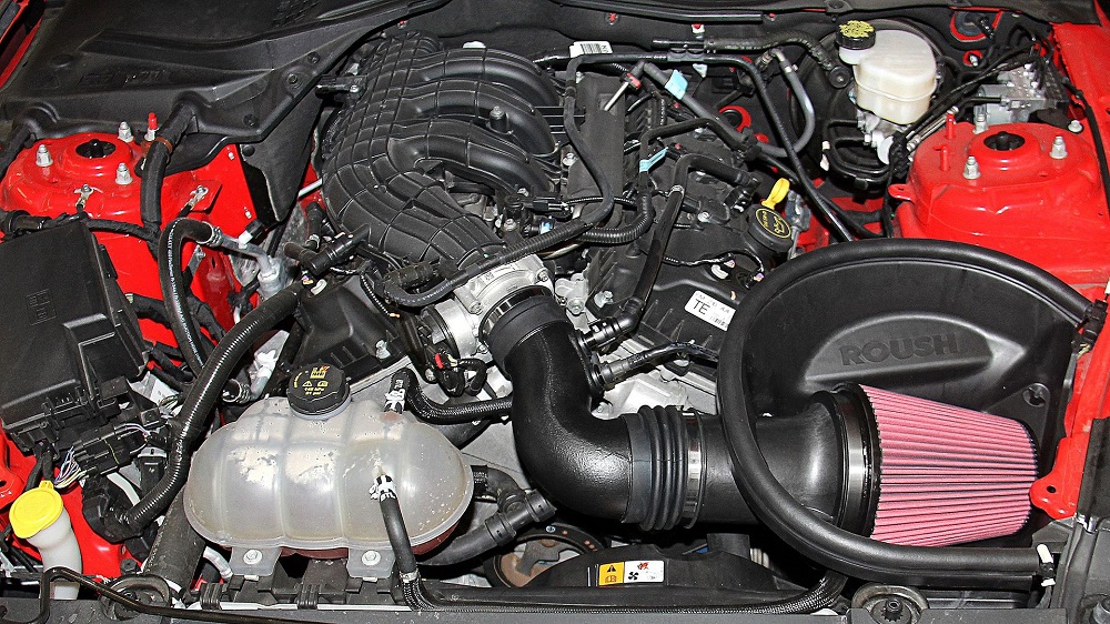 2015 Ford Mustang V6 Engine Bay with a Roush Cold Air Intake.